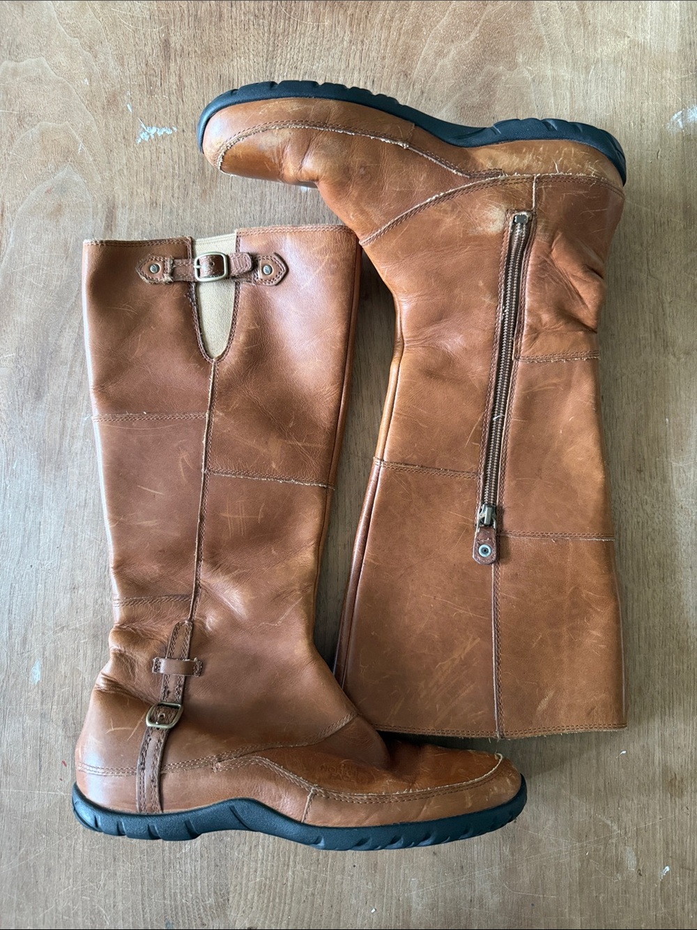 The North Face Women's 7.5 Tan Leather Zipper Below Knee Boots Outdoors